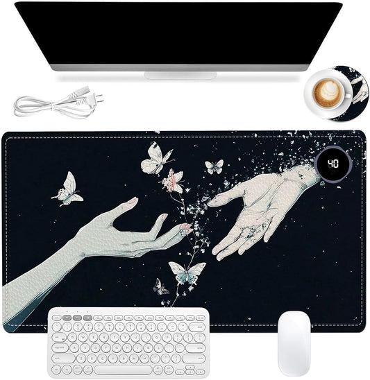 Heated Mouse Pad 23.6 x 14 in 3-Temp Fast Heating Desk Mat with Auto Timer Warmer for Hands Wrist Pain Relief Waterproof Keyboard Mat for Office, Gaming, Home, Butterfly Hands Art