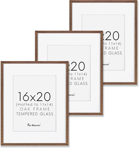 16x20 Picture Frames Set of 3, 16 x 20 Solid Oak Wood Frame for Wall, 16 x 20 Picture Frame with Tempered Glass, 16x20 Frame Matted to 11x14, Rustic Wood 16 by 20 Frames, Walnut Color