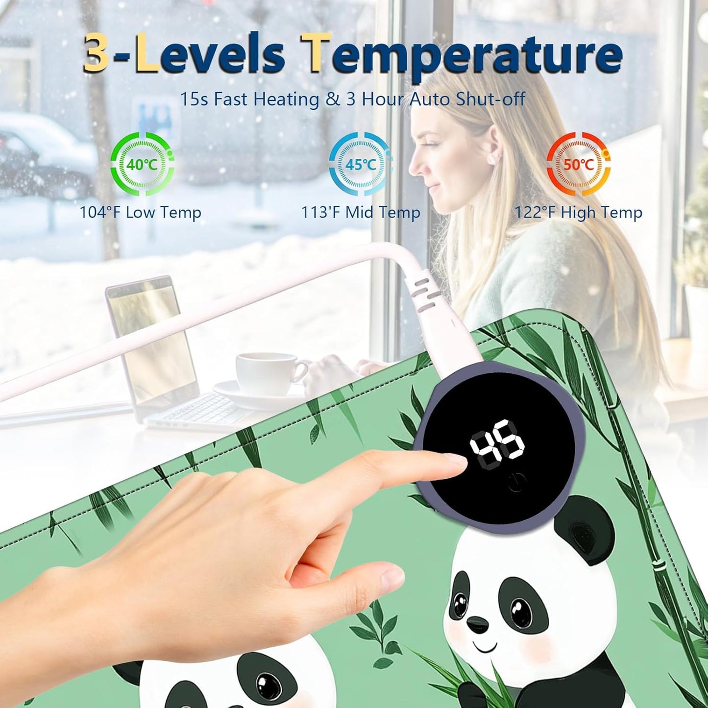 Heated Mouse Pad with 3 Temperature Settings(104°F–122°F),Large 24x14.2 Inch PU Leather Heated Desk Mat,Waterproof Warming Pad for Office,Gaming & Cold Hands Relief,Cute Three Pandas