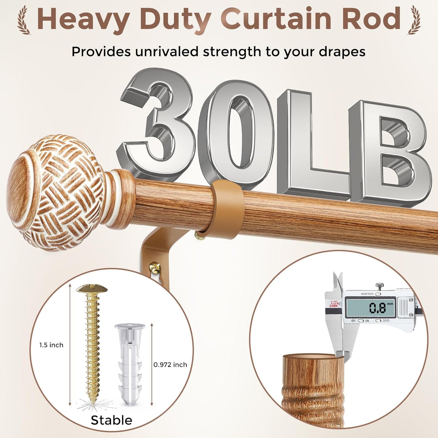 2 Pack Wood Curtain Rods for Windows 48 to 84 Inches, Decorative 1'' Diameter Heavy Duty Adjustable Rustic Farmhouse Drapery Pole with Boho Imitation Wooden Grain Finials, Size: 30''-88'', Brown