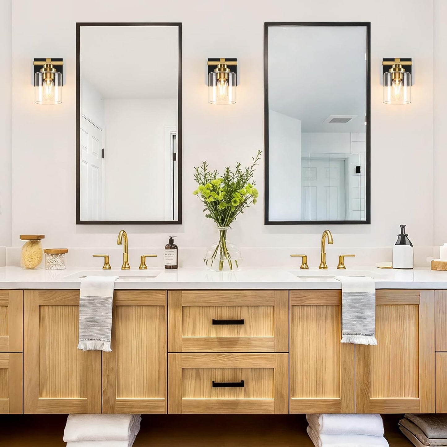 1 Light Modern Bathroom Light Fixtures Over Mirror, Black Gold Vanity Lights for Bathroom Wall Sconces with Clear Glass Shades, E26 Socket (Bulbs Not Included)