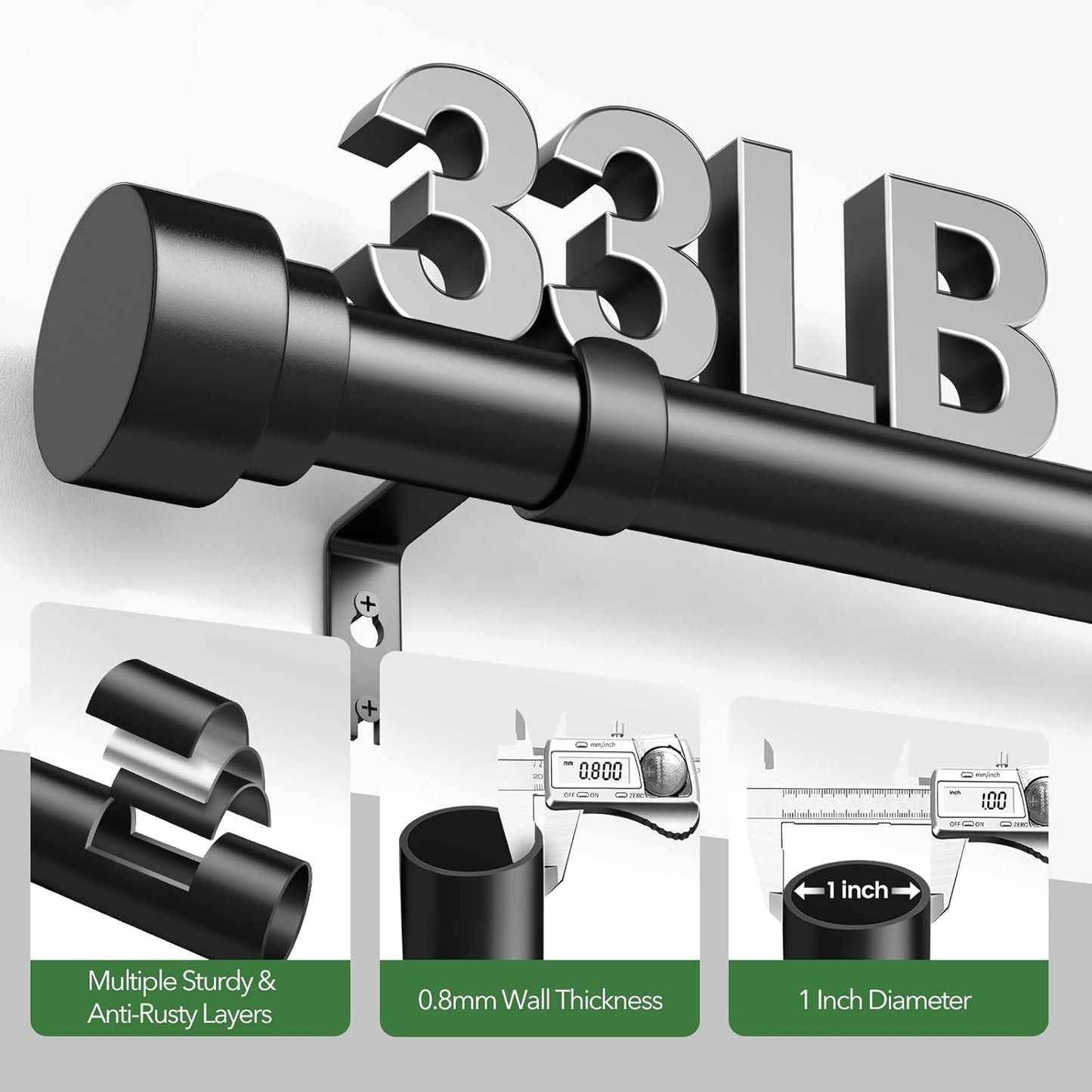 2 Pack Curtain Rods for Windows 28 to 48, 1 Inch Adjustable Black Heavy Duty Window Curtain Rod for Bedroom Living Room, Modern Drapery Rods with End Caps, Size 32"-60"