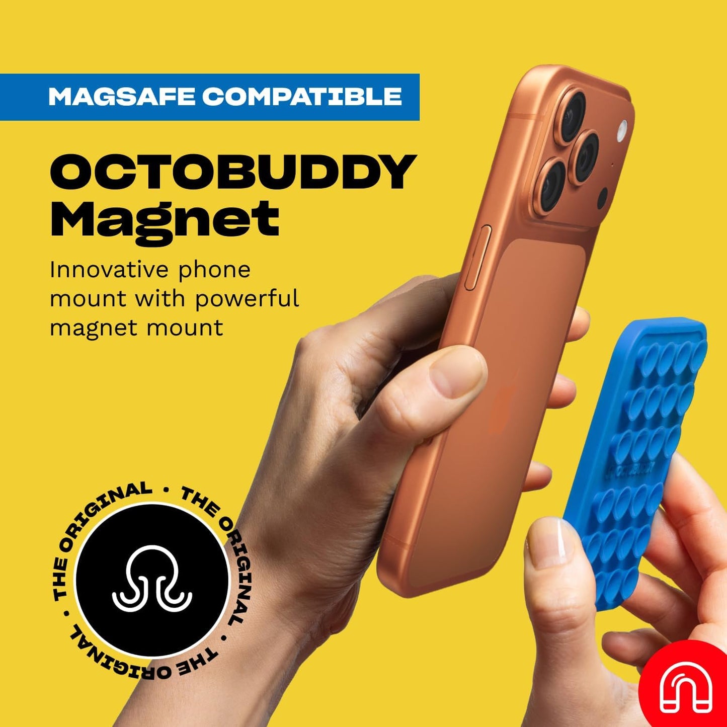 OCTOBUDDY Magnet - Dual Magnetic & Suction Phone Mount - Magnetic-Compatible Silicone Mobile Holder - Hands-Free Selfies & Videos - Content Creator Accessory - 2.6″ x 3.9″, Baby Blue
