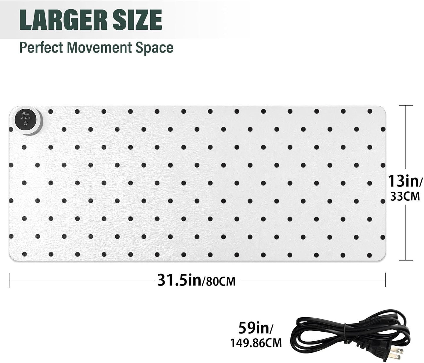 Heated Desk Pad Mouse Pad 31.5x13 Inch PU Leather Desk Mat with 3 Heat Levels Large Mouse Gaming Computer Laptop Mat Black Polka Dot White