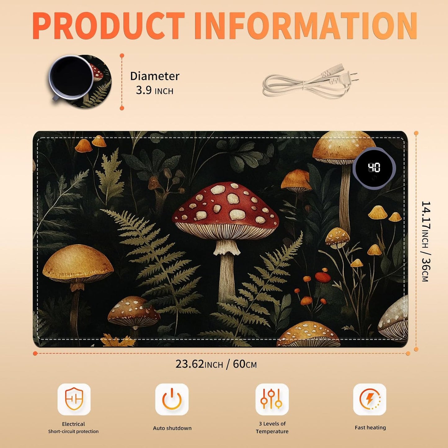 Heated Mouse Pad 23.6 x 14 in 3-Temp Fast Heating Desk Mat with Auto Timer Warmer for Hands Wrist Pain Relief Waterproof Keyboard Mat for Office, Gaming, Home, Mushroom Forest