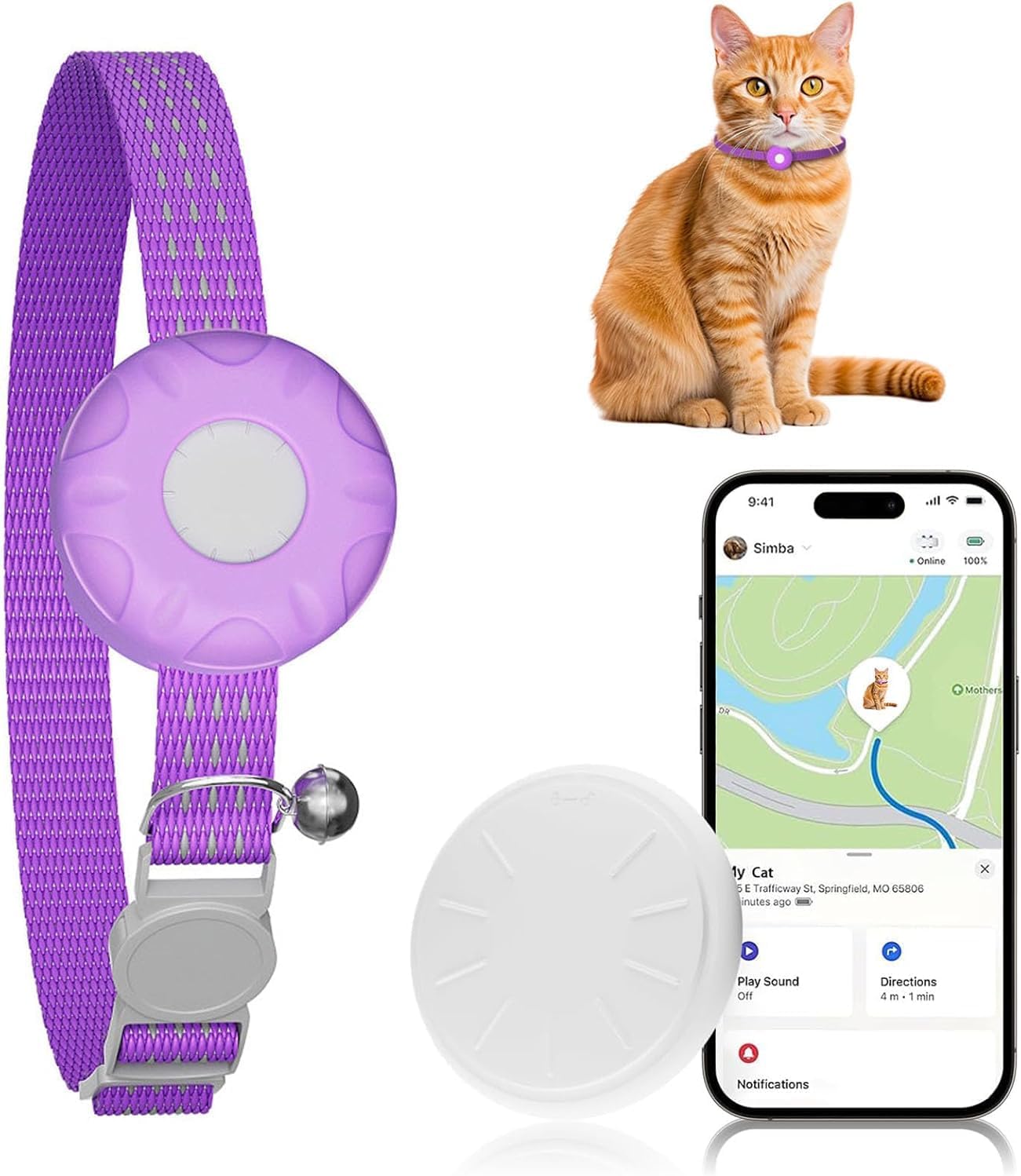 Cat GPS Tracker for Cats, Cat GPS Tracker Collar with Safety Elastic Buckle, Compatible with Apple Find My App (Only iOS), No Monthly Fee, Purple