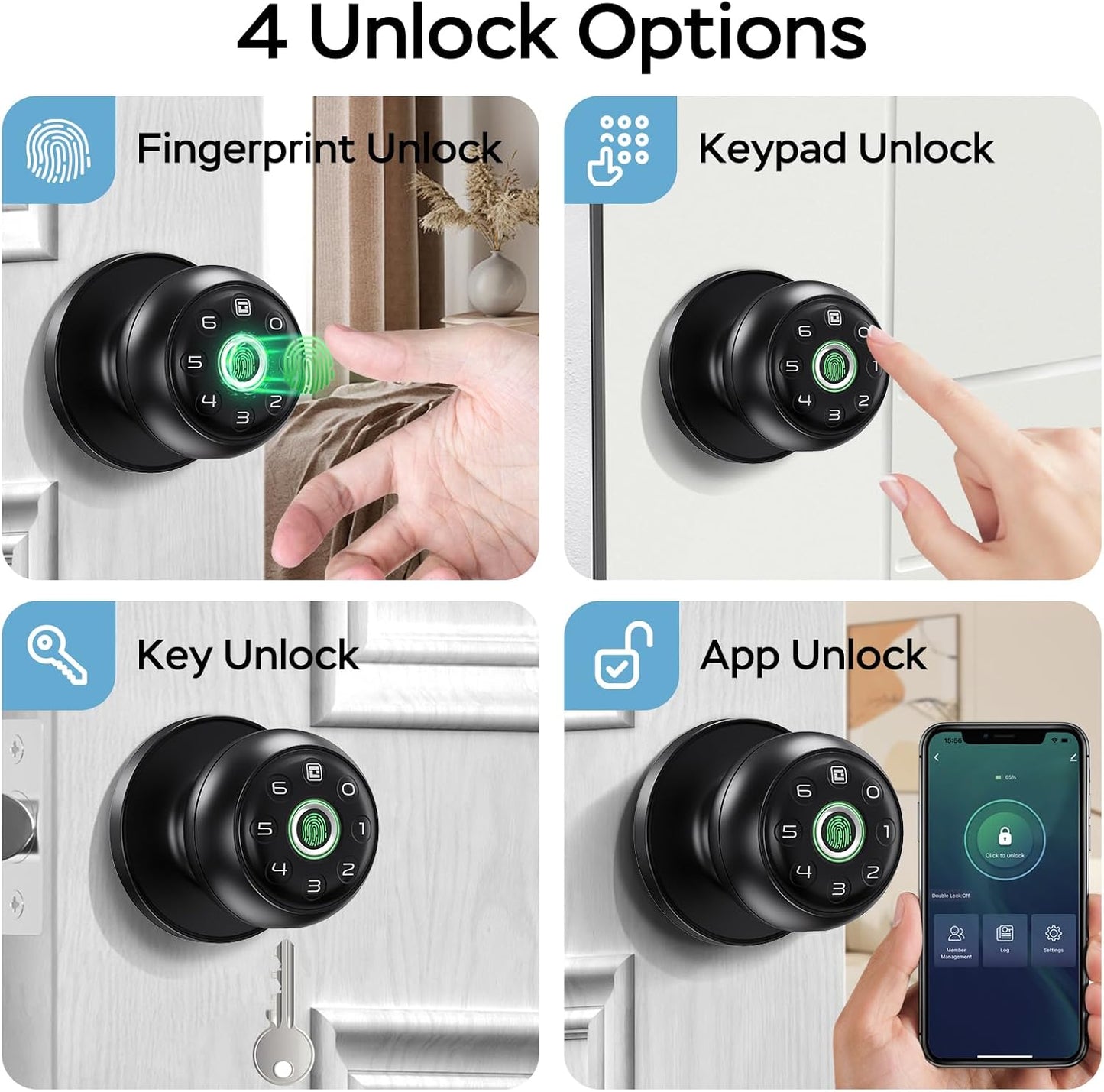 GeekTale Fingerprint Door Lock for Bedrooms, Fingerprint Door Knob with Lock, Smart Door Lock, App Control, Back-up Keys, Thumbprint Door Knob for Bedrooms, Office, Apartment