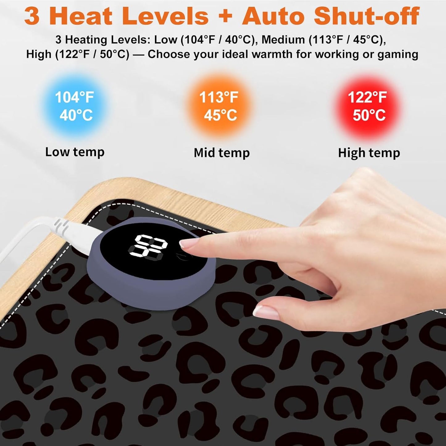 Heated Mouse Pad for Desk 31.5" x 13" – PU Leather Warm Desk Pad with 3 Heat Levels (104°F/113°F/122°F), Plug-in Electric Heating Mat with Auto Shut-Off, Waterproof & Rollable, Dark Leopard Print