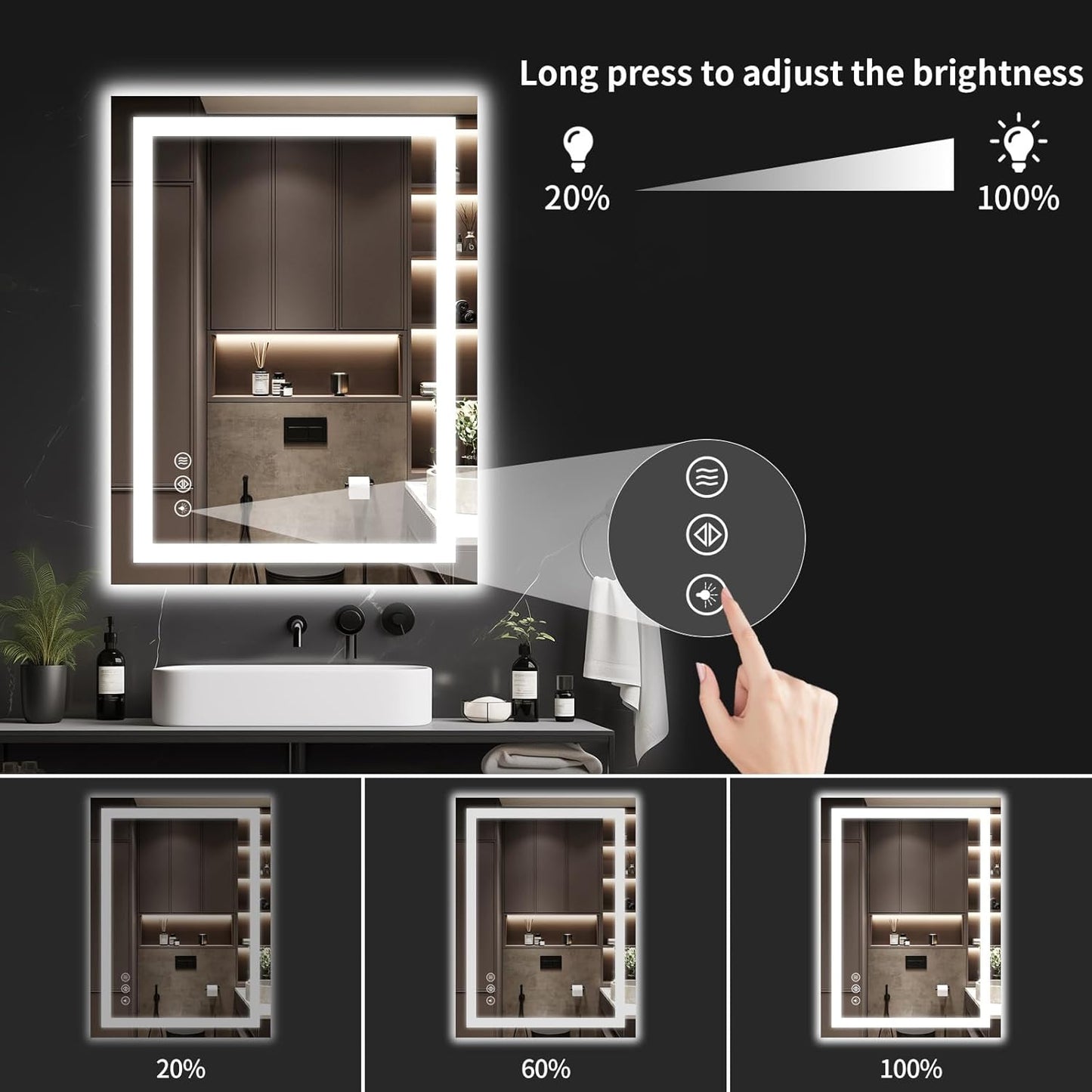 24"x36" LED Bathroom Mirror with Lights, Dimmable, Anti-Fog, Lighted Bathroom Vanity Mirror for Wall, Backlit + Front Lit, Memory Function, Shatter-Proof, Tempered Glass