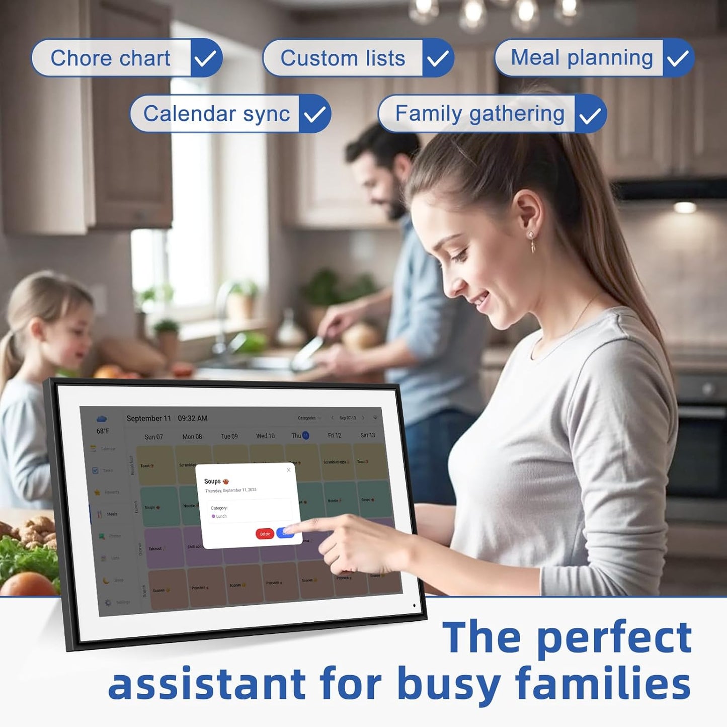 21.5 Inch Digital Calendar, Electronic Chore Chart, Smart Weekly and Monthly Planner 1920 * 1080P IPS Touchscreen Wall and Desk Calendar for Family Schedules, Black