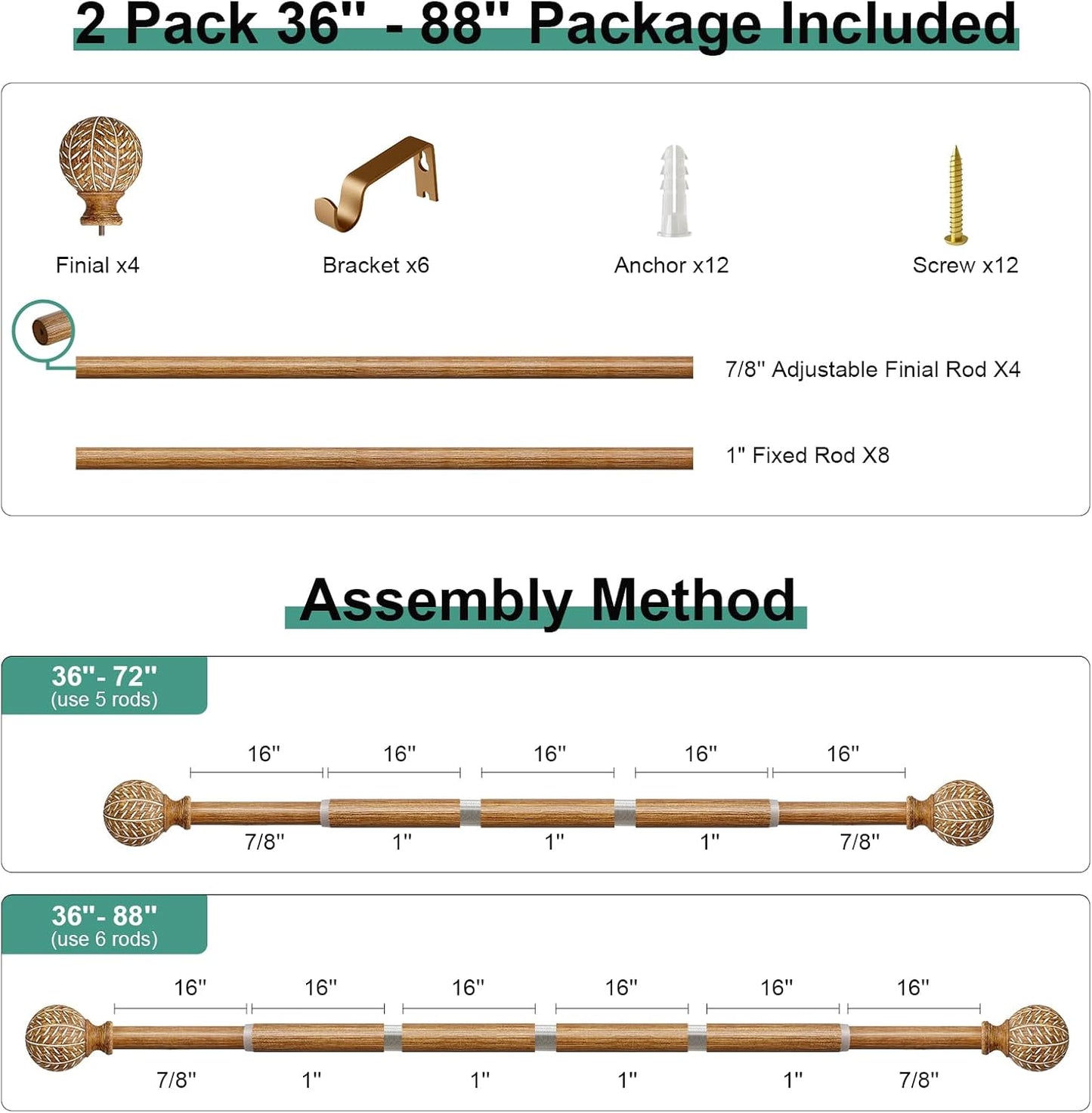 2 Pack Imitation Wood Grain Ball Curtain Rods for Windows 48 to 84 Inch,1 Inch Heavy Duty Adjustable Wood Curtain Rod,Boho Decorative Drapery Rods Set with Brackets,Size:36''-88''