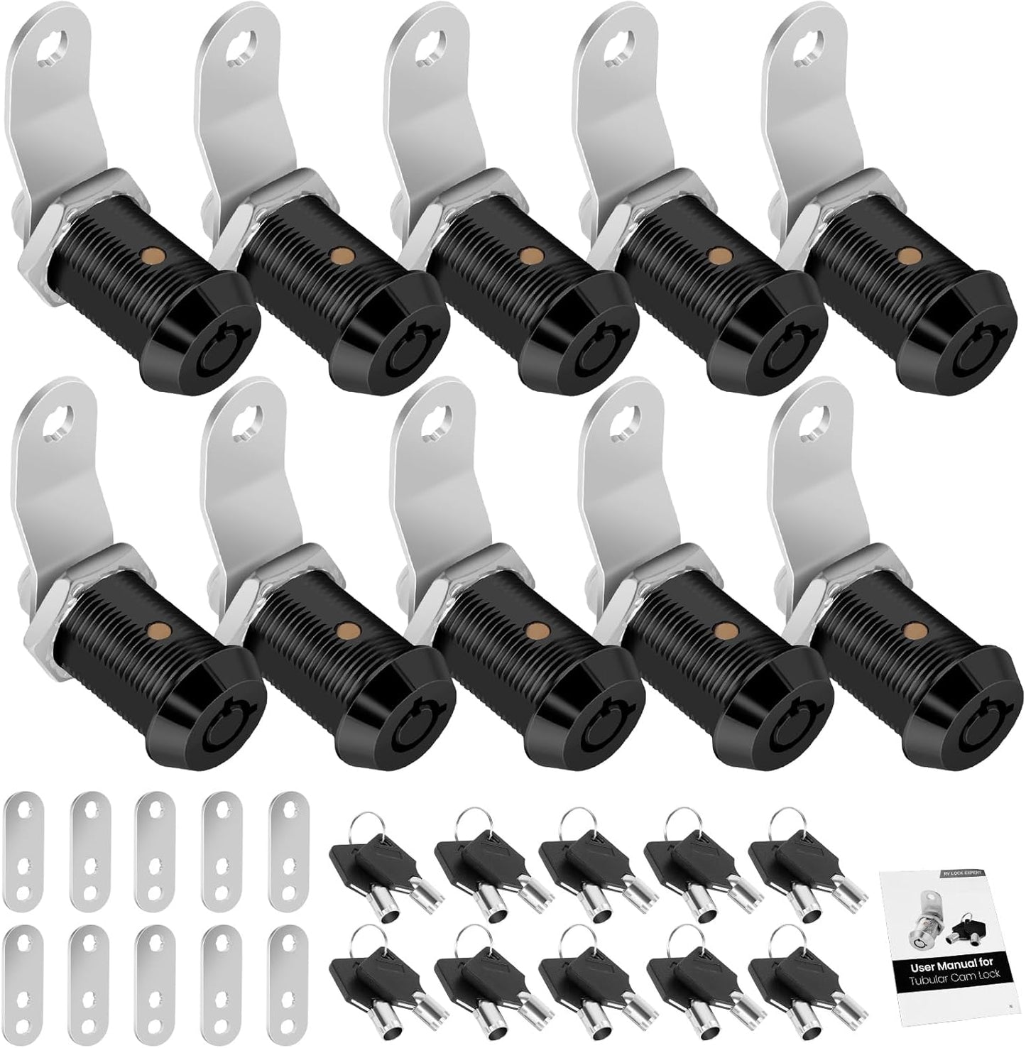 10 Pack Cabinet Lock with Keys, 1" RV Storage Locks Keyed Alike, RV Locks for Storage Door, Camper Toolbox RV Cam Locks with Manual(Black, 10Pack, 1 Inch)