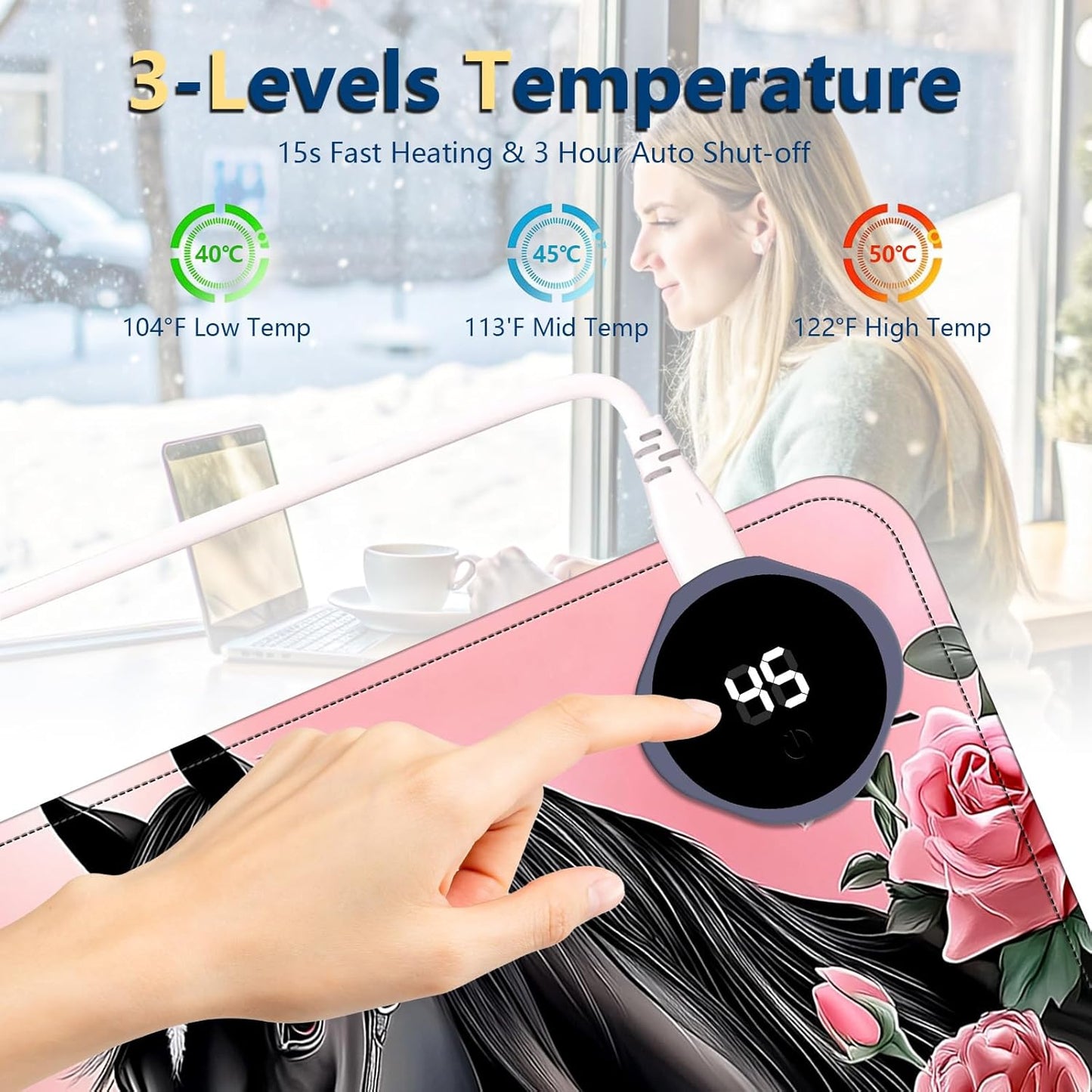 Heated Mouse Pad with 3 Temperature Settings(104°F–122°F),Large 31.5x13 Inch PU Leather Heated Desk Mat,Waterproof Warming Pad for Office,Gaming & Cold Hands Relief,Pink Rose Black Horse
