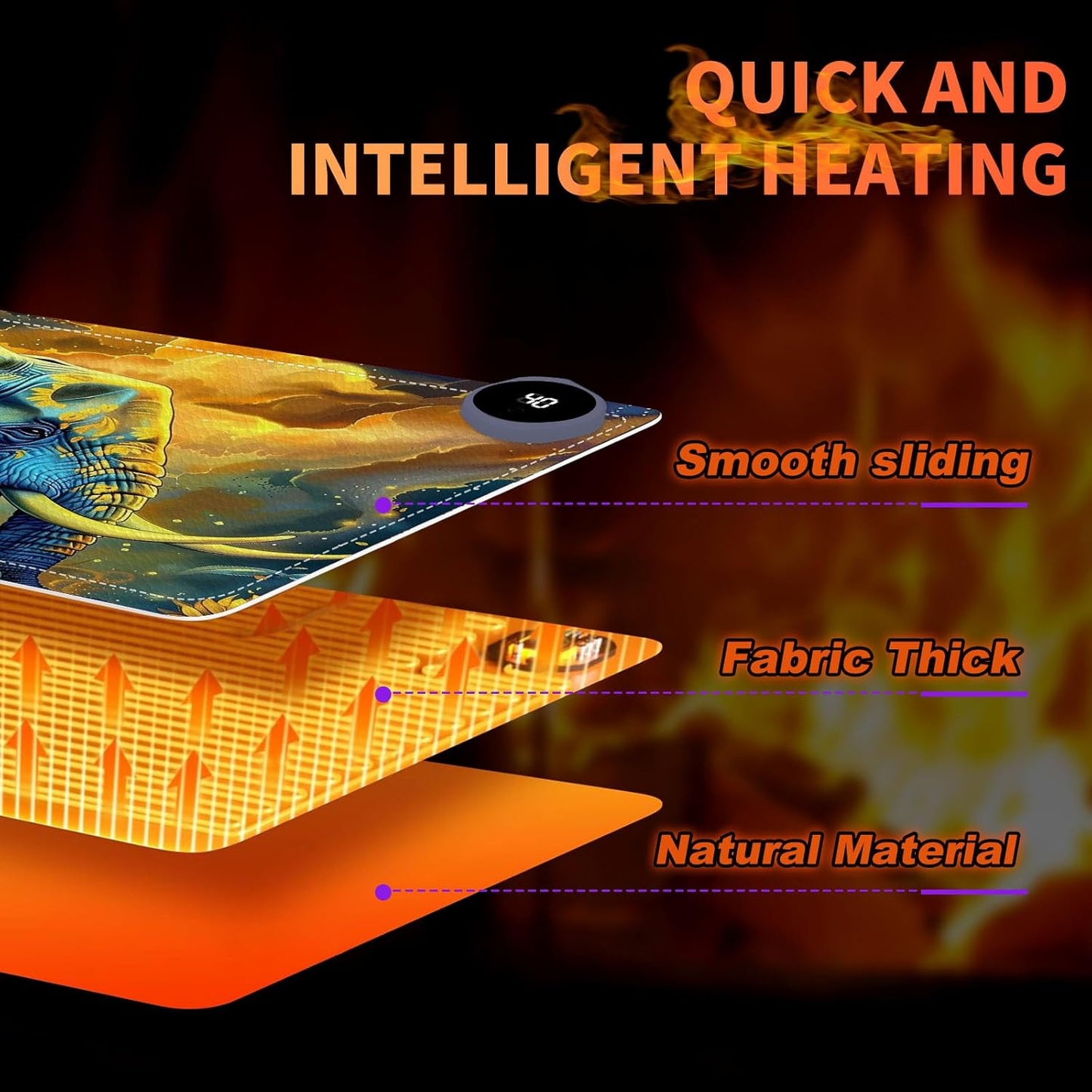 Heated Mouse Pad, Warm Desk Pad, Keyboard Mat 23.6 x 14 Inch Large Size Intelligent Fast Heating, 3 Speed Adjustable, Timed Auto Power Off for Game Office Home, Elephant in Sunflower Field