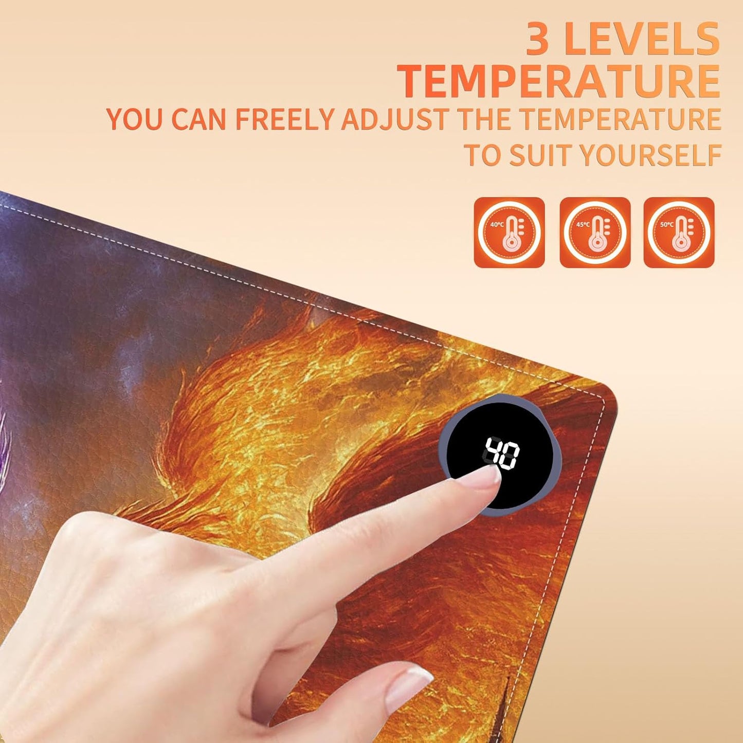 Heated Mouse Pad 23.6 x 14 in 3-Temp Fast Heating Desk Mat with Auto Timer Warmer for Hands Wrist Pain Relief Waterproof Keyboard Mat for Office, Gaming, Home, Dragon Battle Art