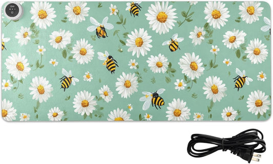 Heated Desk Pad Mouse Pad 31.5x13 Inch PU Leather Desk Mat with 3 Heat Levels Large Mouse Gaming Computer Laptop Mat Mint Green Daisy Flowers and Bees
