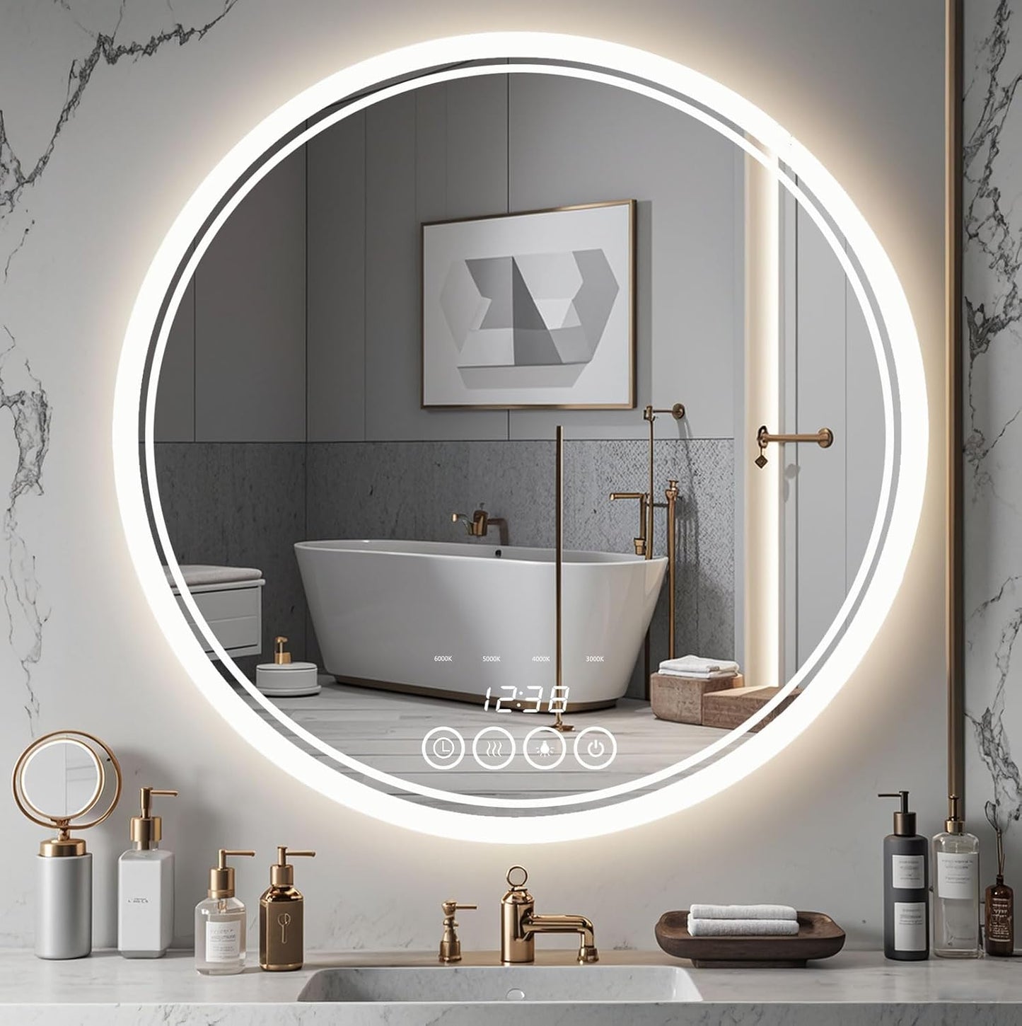 24 Inch Wall-Mounted Round Bathroom Mirror with LED-Lights - Vanity Mirrors (24" x 24",Frameless)