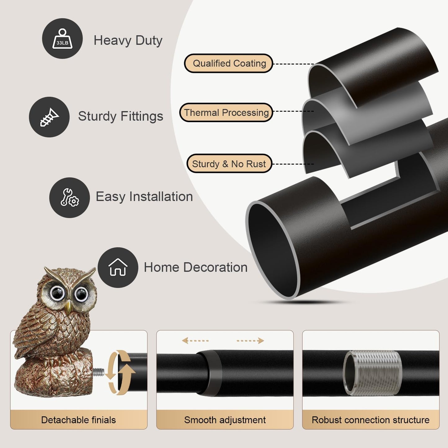 2 Pack Vintage Decorative Black Curtain Rods for Windows 28 to 48 Inch Adjustable Heavy Duty 1'' Diameter Curtain Rod with Owl Finials for Bedroom Living Room Kitchen Farmhouse (18-60'')