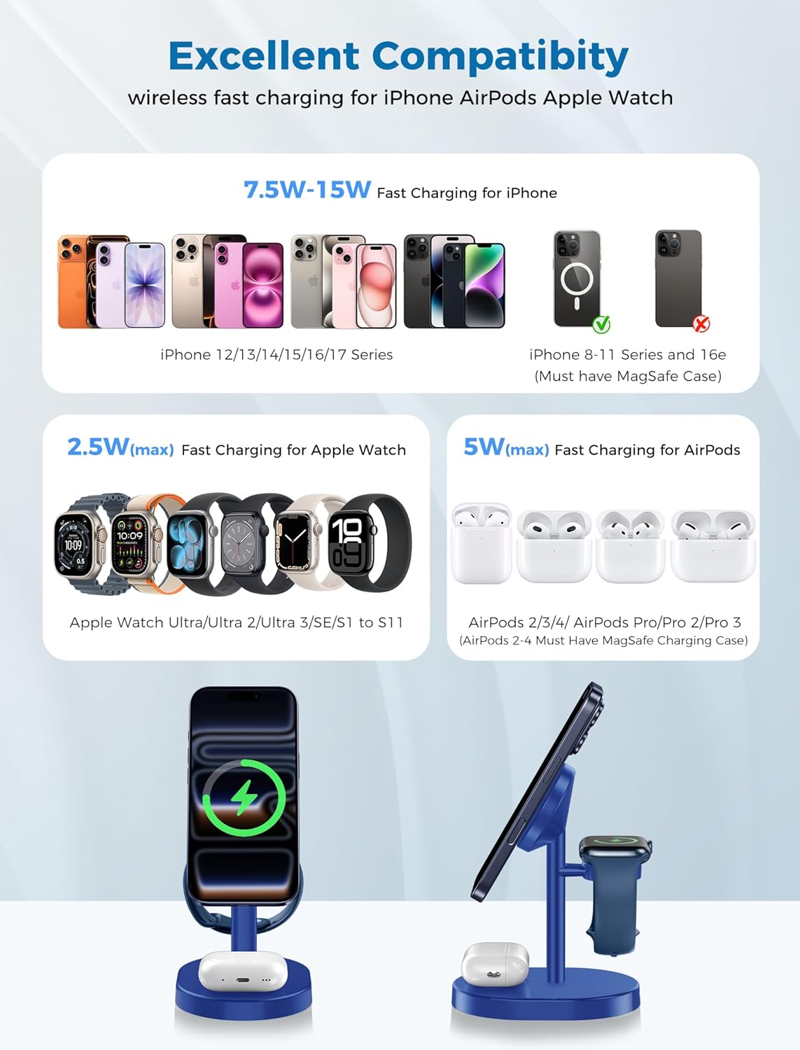 2025 3 in 1 Wireless Charging Station for Apple MagSafe Charger, 15W Fast Magnetic Mag-Safe Charger Stand for iPhone 17 16 15 14 13 12 iWatch AirPods 2 Pack (Adaptor Not Included)