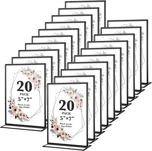 20 Pack 5x7 Acrylic Sign Holders, Double Sided Vertical Stand Clear Picture Frames, Wedding Table Numbers Frames for Party, Restaurant Signs and Office Photos, Black