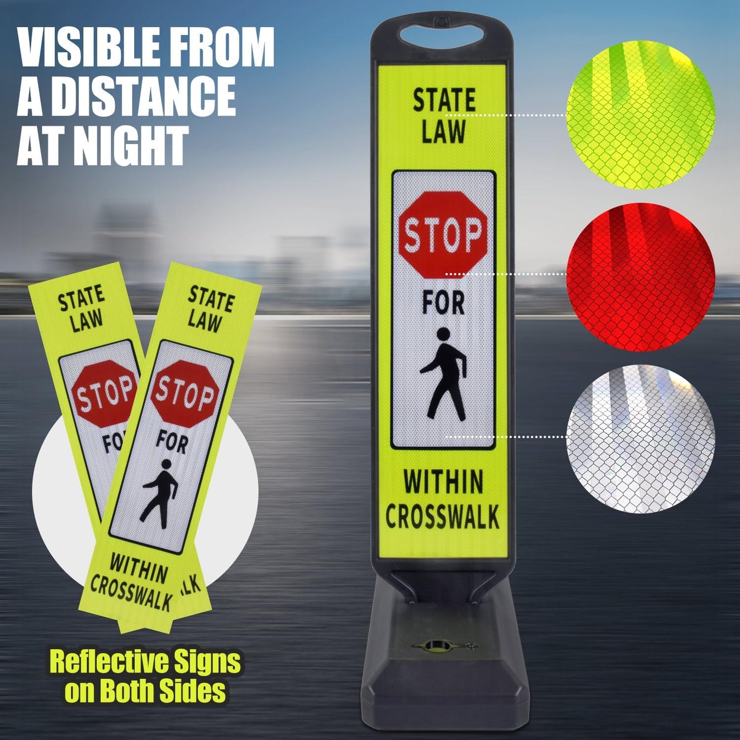 2 Pack 43" x 9.6" inch Double Sided Pedestrian Crosswalk Sign, 21.8" x 9.6" x 4" Durable HDPE Water Filled Base, Portable High Visibility Reflective Traffic Safety Parking STOP Signs (Yellow Green-2Pack)