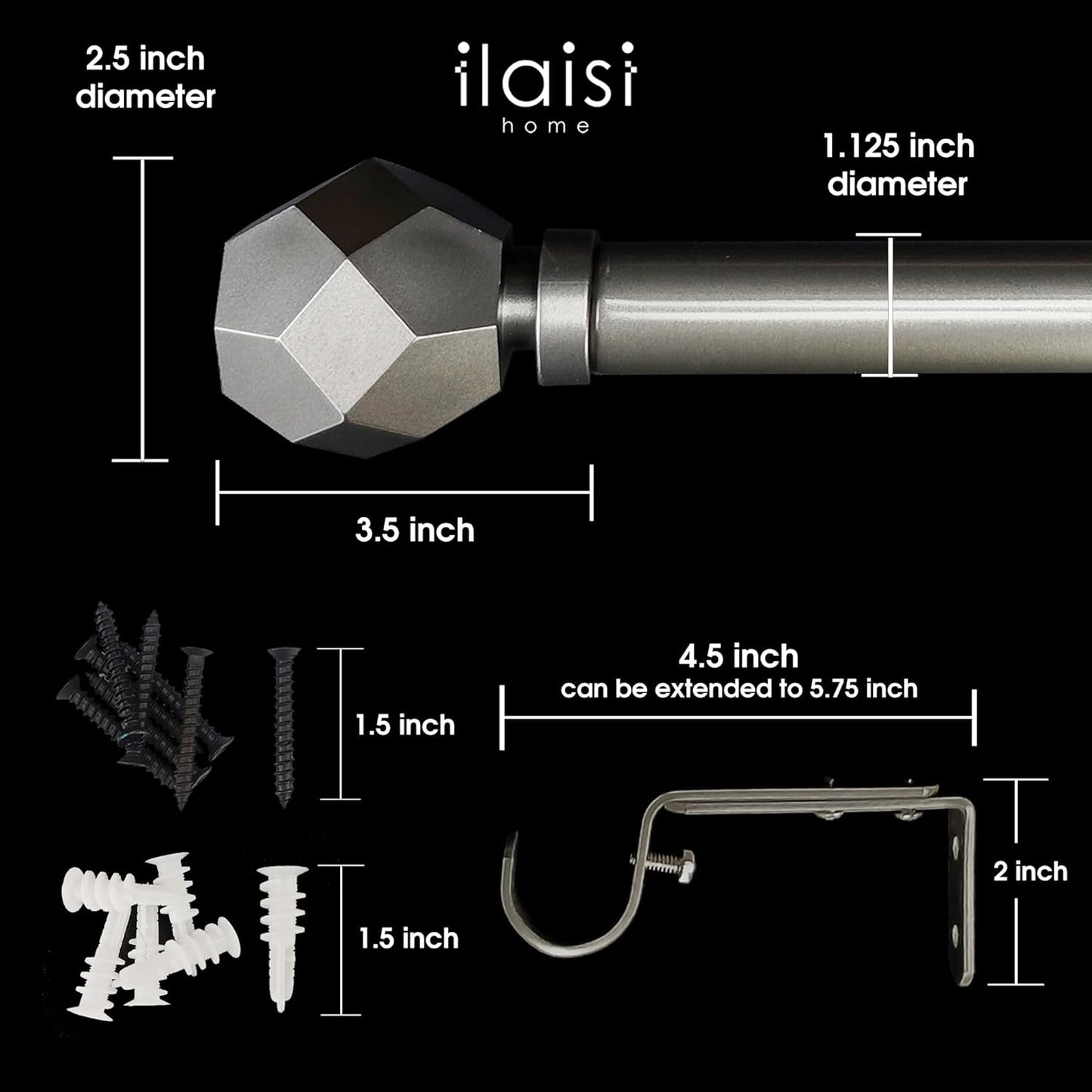 1-1/8 Inch Diameter Burnished Silver Curtain Rod with Geometric Faceted Finials, 72-144'' Telescoping Single Curtain Rods for window width 68-140 inch, 1 pack