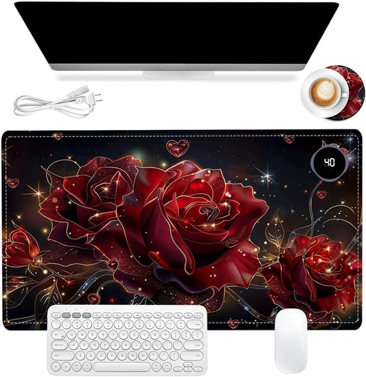 Heated Mouse Pad, Warm Desk Pad, Keyboard Mat 23.6 x 14 Inch Large Size Intelligent Fast Heating, 3 Speed Adjustable, Timed Auto Power Off for Game Office Home, Flowers Roses