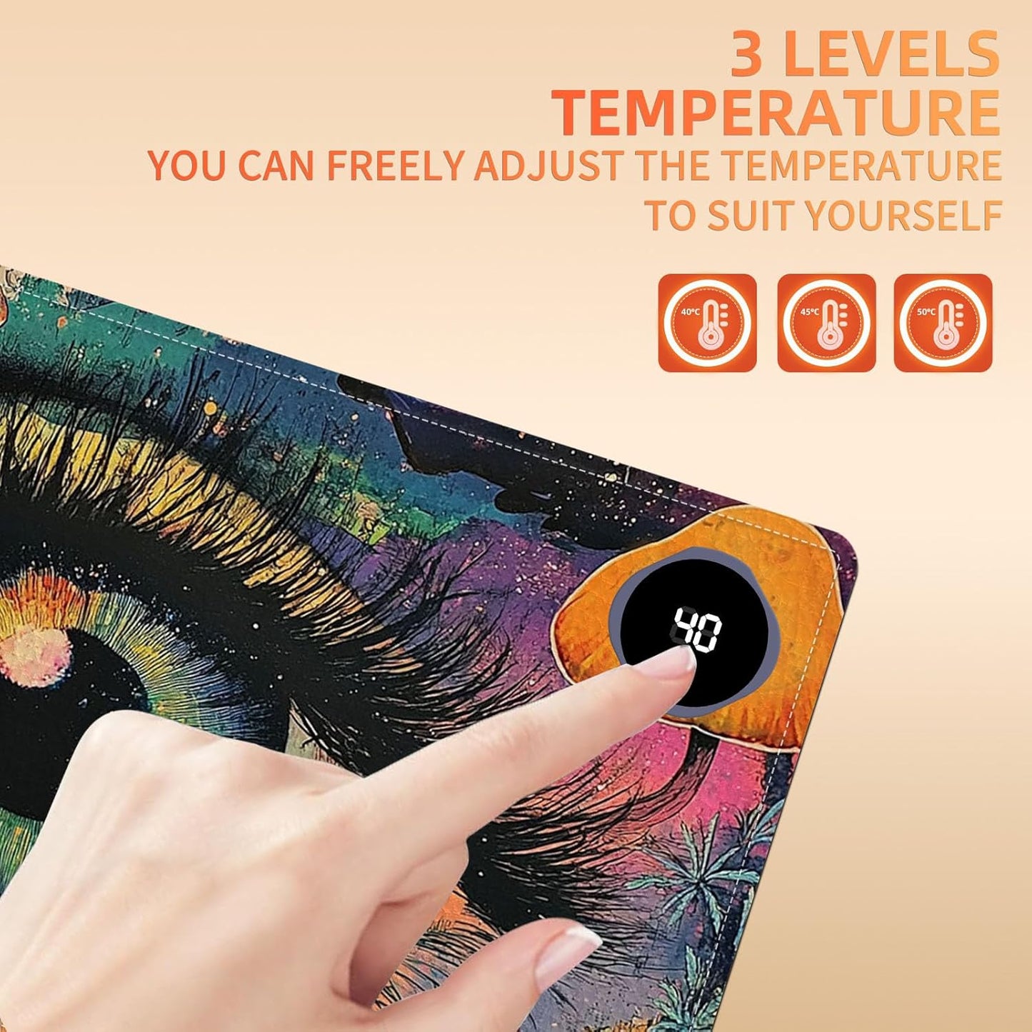 Heated Mouse Pad 23.6 x 14 in 3-Temp Fast Heating Desk Mat with Auto Timer Warmer for Hands Wrist Pain Relief Waterproof Keyboard Mat for Office, Gaming, Home, Colorful Eye Art