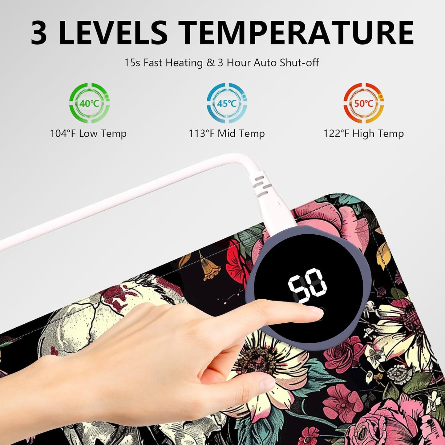 Heated Mouse Pad with 3 Levels Heated & 3 Hours Auto Shut-Off Mouse Pad for Warming Hands in Office Home, 23.6" x 14.2"Large Safe Desk Mat Hand Warmer，Skull in Flowers