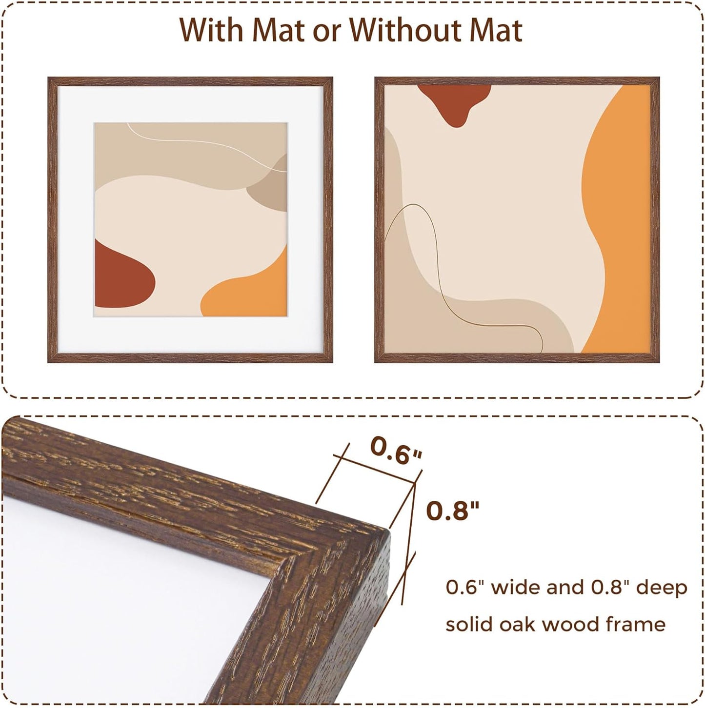 16x16 Picture Frames for Wall, Oak Wood 16"x16" Photo Frame, Square 16 x 16 Frame Matted to 12 x 12 - Tempered Real Glass, Rustic 16x16 Wood Frames (Walnut Color, 3 Pack)
