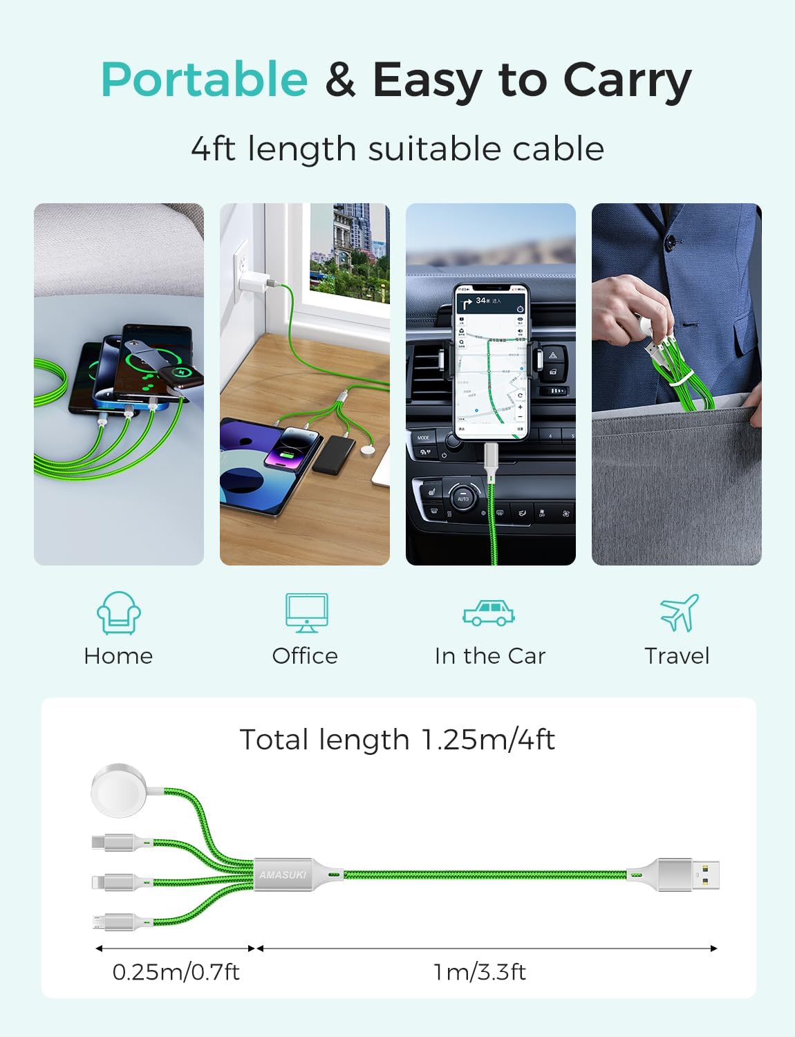 2Pack Multi Charging Cable for Apple Watch Charger 4 in 1 Travel Essentials RV Camping Essentials USB C/L/Micro Compatible with iWatch Series 11-1/iPhone 17/16/15/Android Airplane Gadgets-4FT/Green