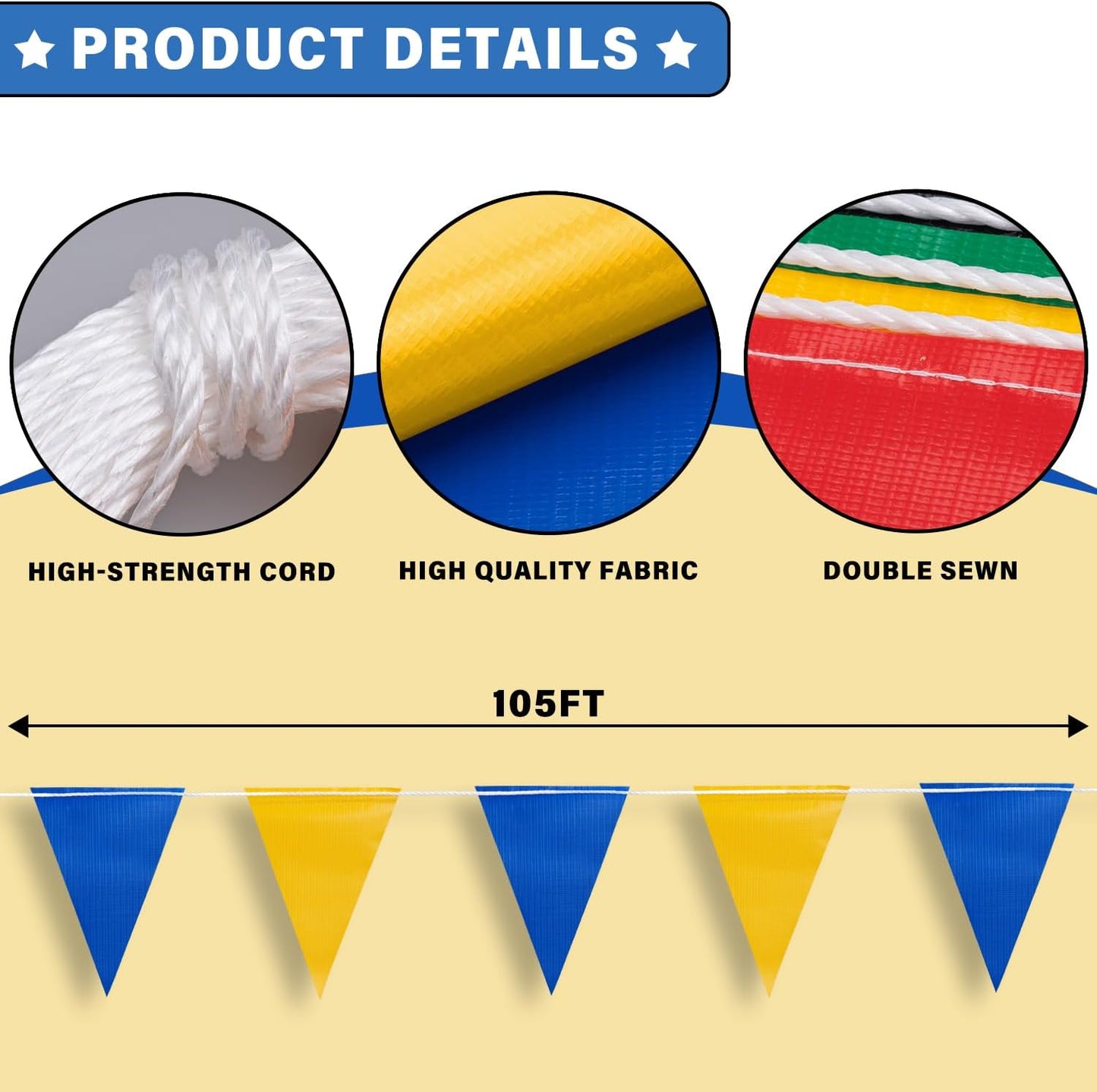 105ft Blue and Yellow Pennant Banner Flag, 7"x10" Fluorescent Safety Flagging Banner Warning Flag for Construction Site/Boundary Barrier Signs, Perimeter Marking Flags on String, 45 Flags