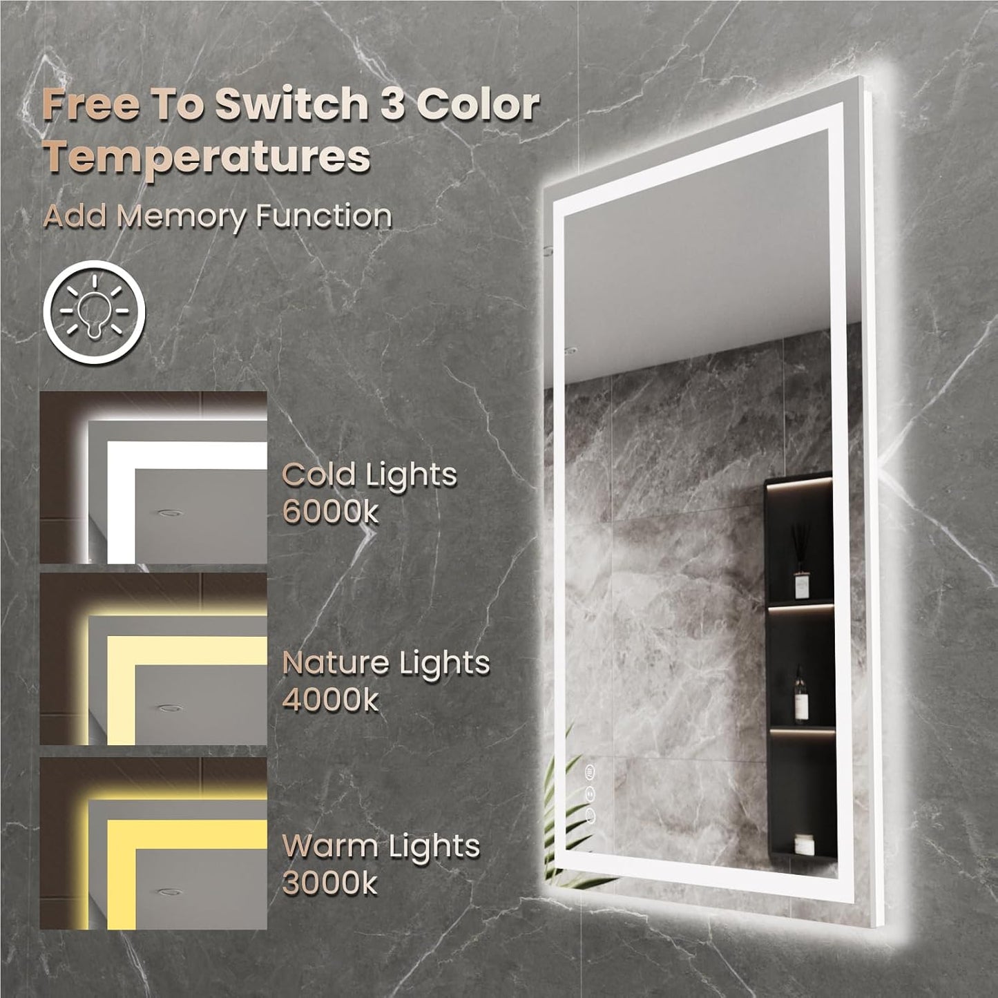 24"X36" LED Bathroom Mirror with Front Lights and Backlit, Anti-Fog, Dimmable, Shatter-Proof Tempered Glass, Lighted Bathroom Vanity Mirror for Wall with 3 Colors, Memory Function