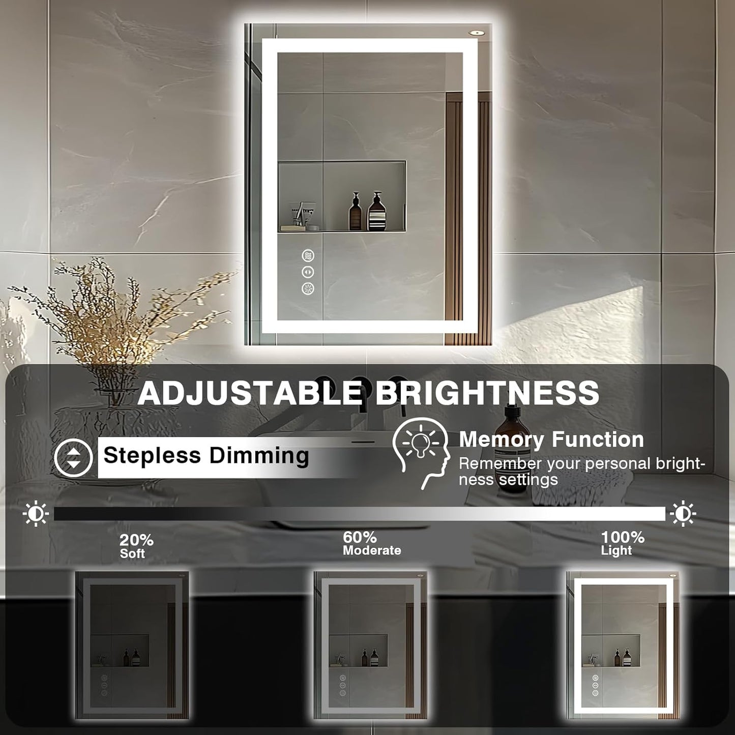 24"x32" LED Bathroom Mirrors for Wall, Front and Backlit Mirror, Anti-Fog Vanity Mirror with Lights, Stepless 3 Colors Dimmable Smart Lighted Mirror(Horizontal/Vertical)