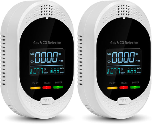 2PCS 4-in-1 Carbon Monoxide & Natural Gas Detectors with Temperature/Humidity LCD Display, Plug in Co Leak Detector Propane Monitor for Home Travel RV Essentials, Sound Alarm Over 85dB