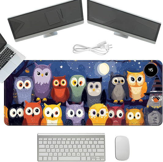 Heated Mouse Pad with 3 Temperature Settings(104°F–122°F),Large 31.5x13 Inch PU Leather Heated Desk Mat,Waterproof Warming Pad for Office,Gaming & Cold Hands Relief,Colorful Night Owls