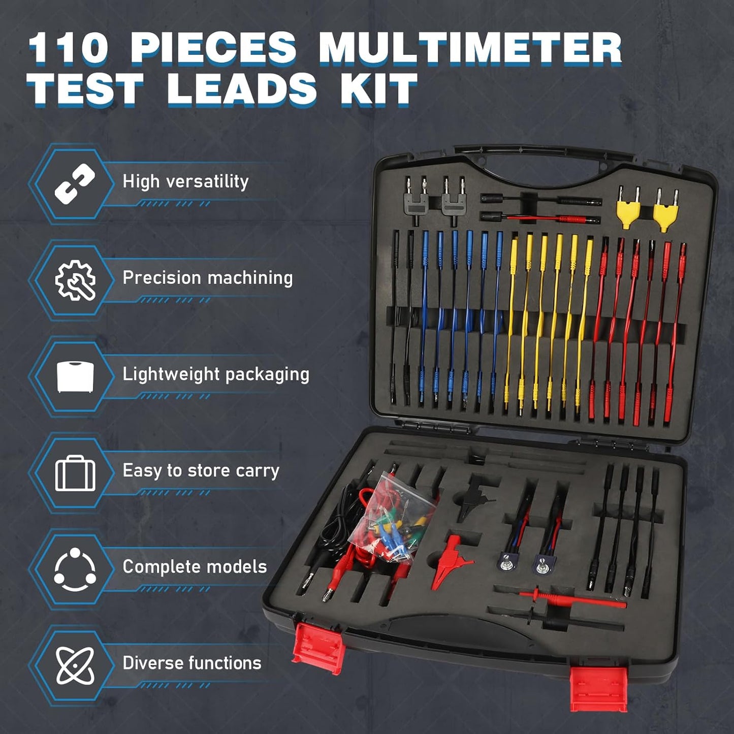 110PCS Automotive Circuit Test Lead Kit, Multimeter Leads Kit,Multi Function Auto Diagnostic Tools with Power Back Probes Test Lead Set Wire Connectors Set with Black Carrying Case,Alligator Clips