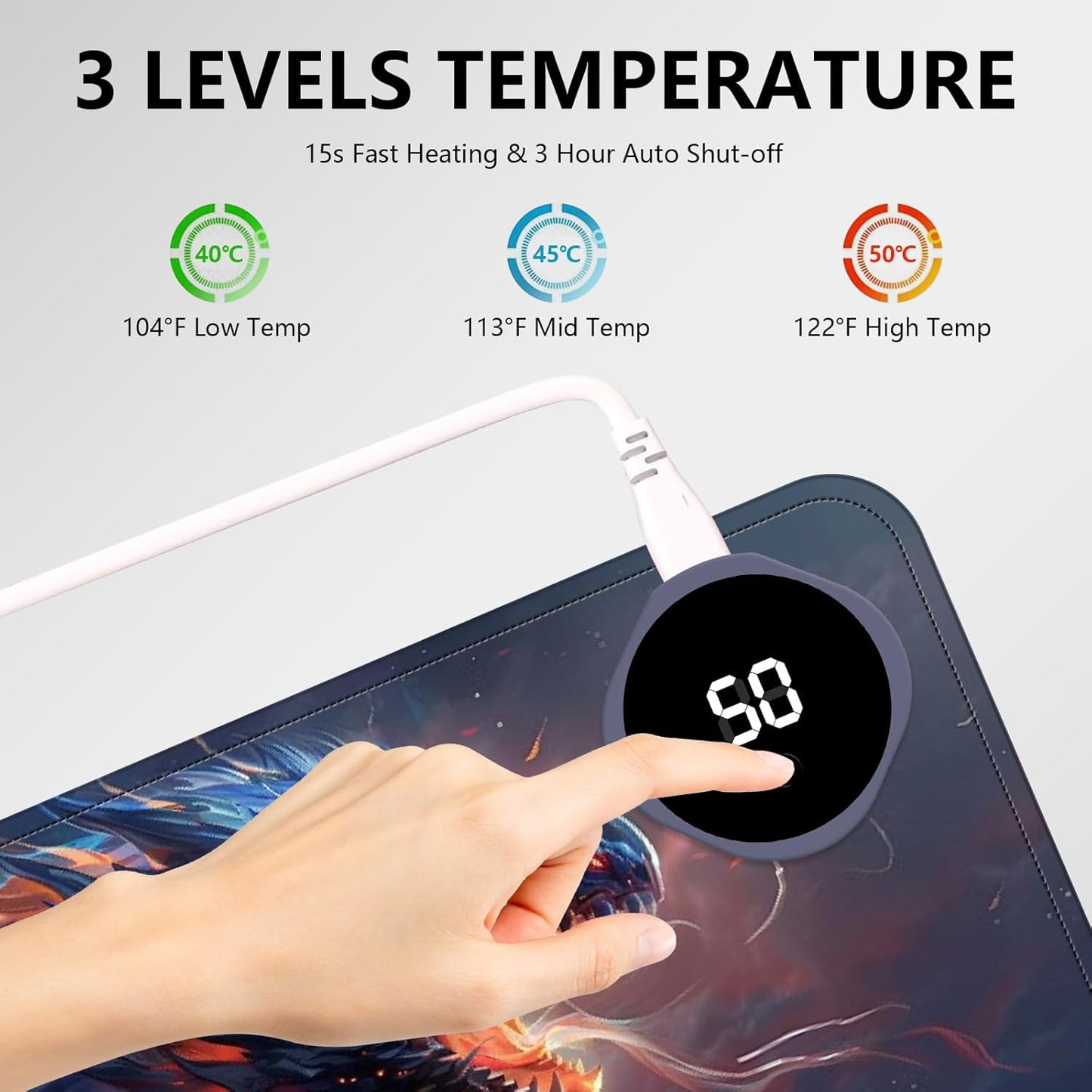 Heated Mouse Pad with 3 Levels Heated & 3 Hours Auto Shut-Off Mouse Pad for Warming Hands in Office Home, 31.5" x 13"Large Safe Desk Mat Hand Warmer，Watercolor Dragon