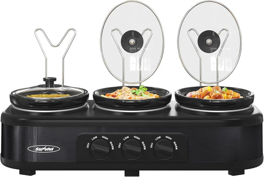 3 * 1.5 Quarts Triple Slow Cooker, Buffet Server & Warmer with 3 Removable Ceramic Pots, 3 Adjustable Temp Settings & 3 Metal Lid Rests, Stainless Steel, Black