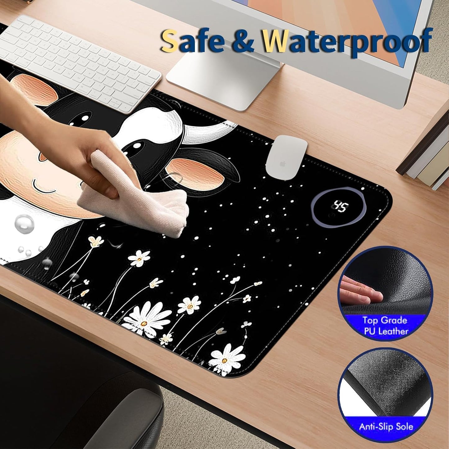 Heated Mouse Pad with 3 Temperature Settings(104°F–122°F),Large 31.5x13 Inch PU Leather Heated Desk Mat,Waterproof Warming Pad for Office,Gaming & Cold Hands Relief,Cute Black White Cow