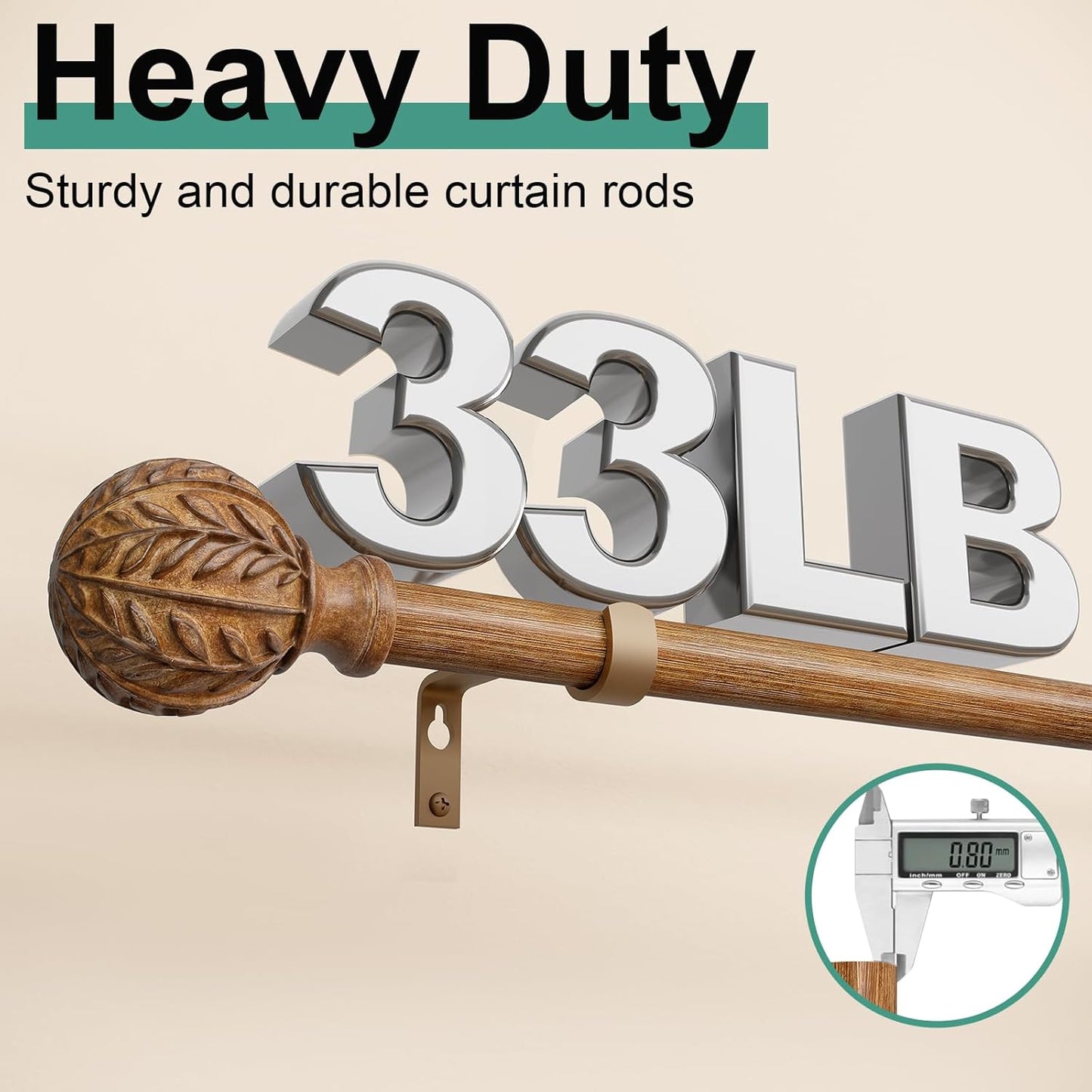 2 Pack Boho Wood Curtain Rods for Windows 48 to 84 inch,1" Adjustable Heavy Duty Window Curtain Rod with Imitation Wood Grain Finials,Rustic Decorative Drapery Rods Set 36-88'',Natural Wood