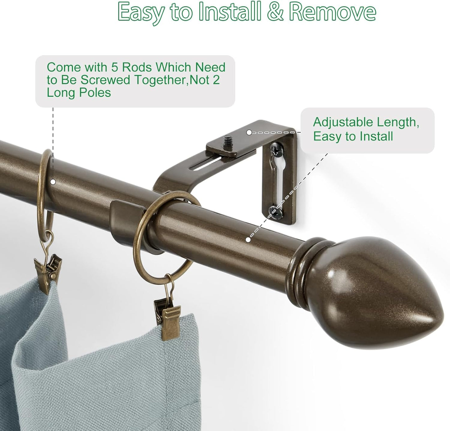 Curtain Rods for Windows 16 to 76 inches, Curtain Rod Max Adjustable Length to 88 in, Drapery Rod 1 inch Diameter with Modern Knobs Finials (Brown, 16" to 76" - Set of 2)
