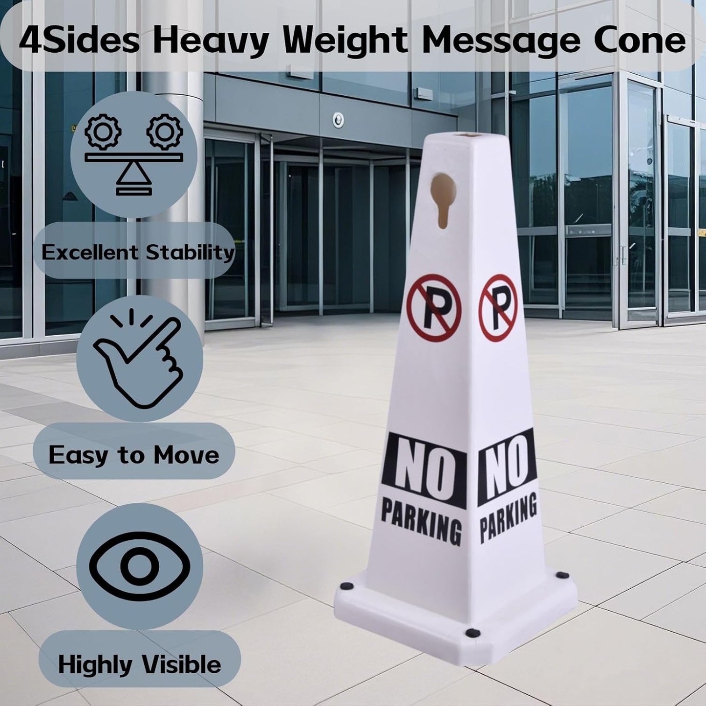 26.5" Caution Cones, 4-Sided Visible Safety Signs with Heavy Rubber Base, Warning for Slip & Fall Prevention, Indoor/Outdoor Use (8, No Parking-White, 26.5 inch)