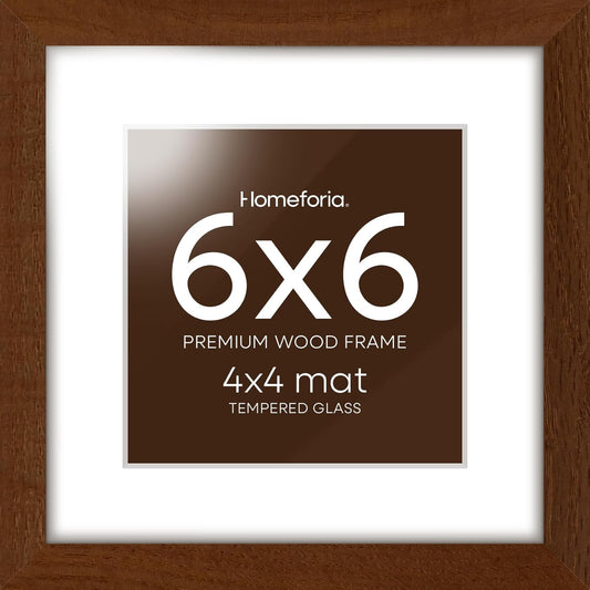Homeforia 6x6 Picture Frame Brown, High-End Dark Oak 6 x 6 Square Brown Wood Frame with Mat 4 by 4 for Art, 6by6 Wooden Walnut Poster Frame Matted to 4x4 inch Photo, Tempered Glass, Wall Kit, Set of 1
