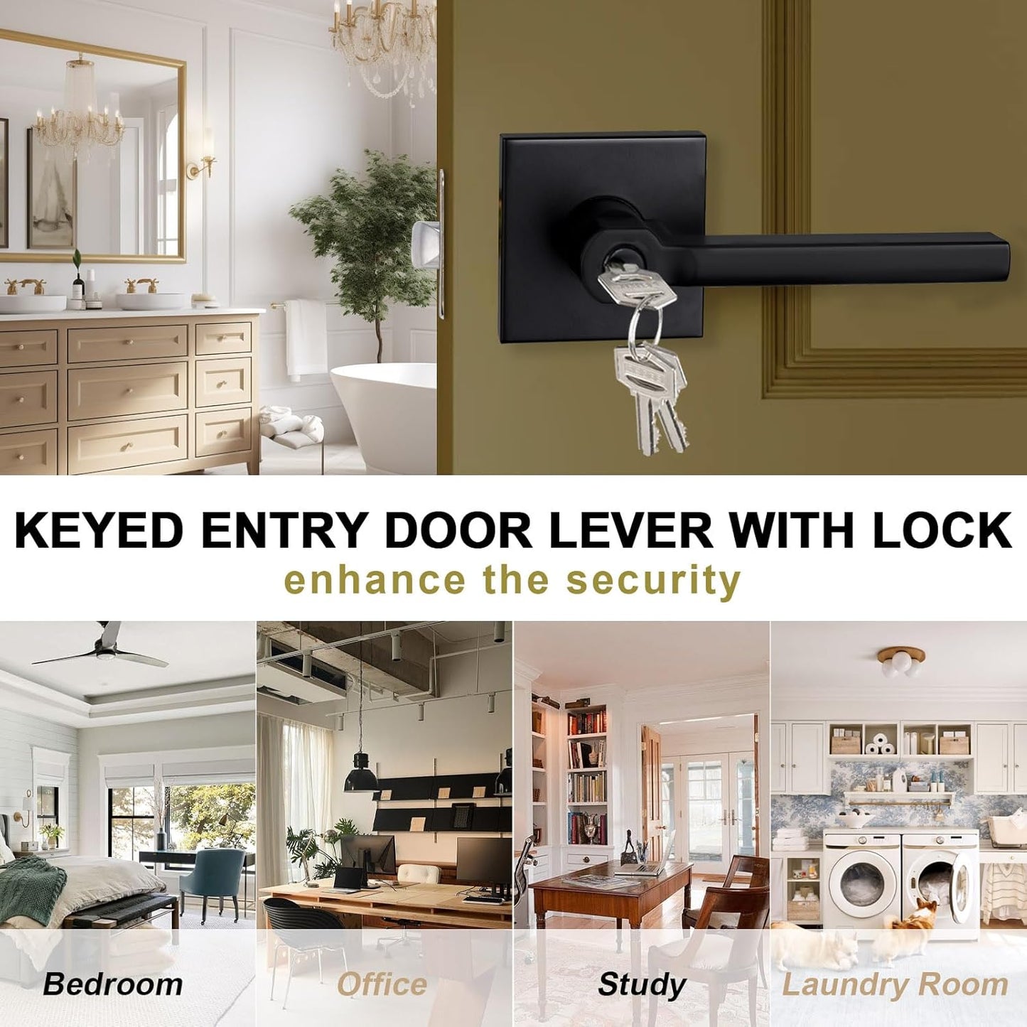 Keyed Entry Door Lever with Lock, Heavy Duty Square Interior Handle for Front Door and Office, Matte Black, Reversible for Right&Left Handed, 6Packs