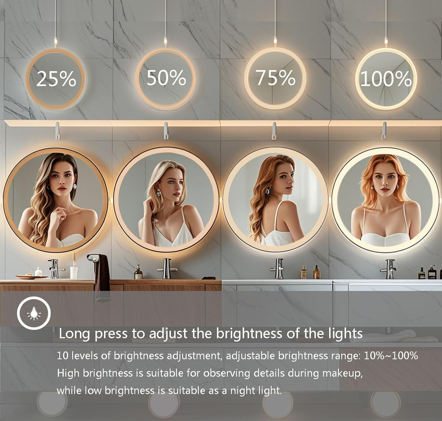 24 Inch Wall-Mounted Round Bathroom Mirror with LED-Lights - Frame Vanity Mirrors (24" x 24", Black)