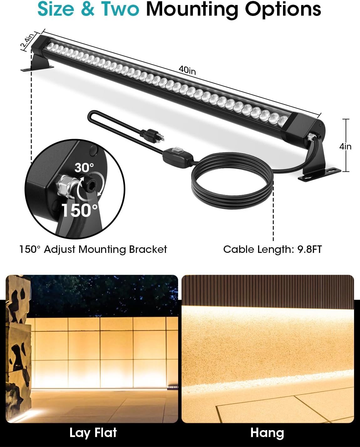 2-Pack Pro-Grade LED Wall Washer Light Bar, 54W 6480LM 2700K Warm White, 40-Inch IP67 Waterproof 120V Linear Outdoor LED Light Bar Landscape Lighting with On/Off Switch