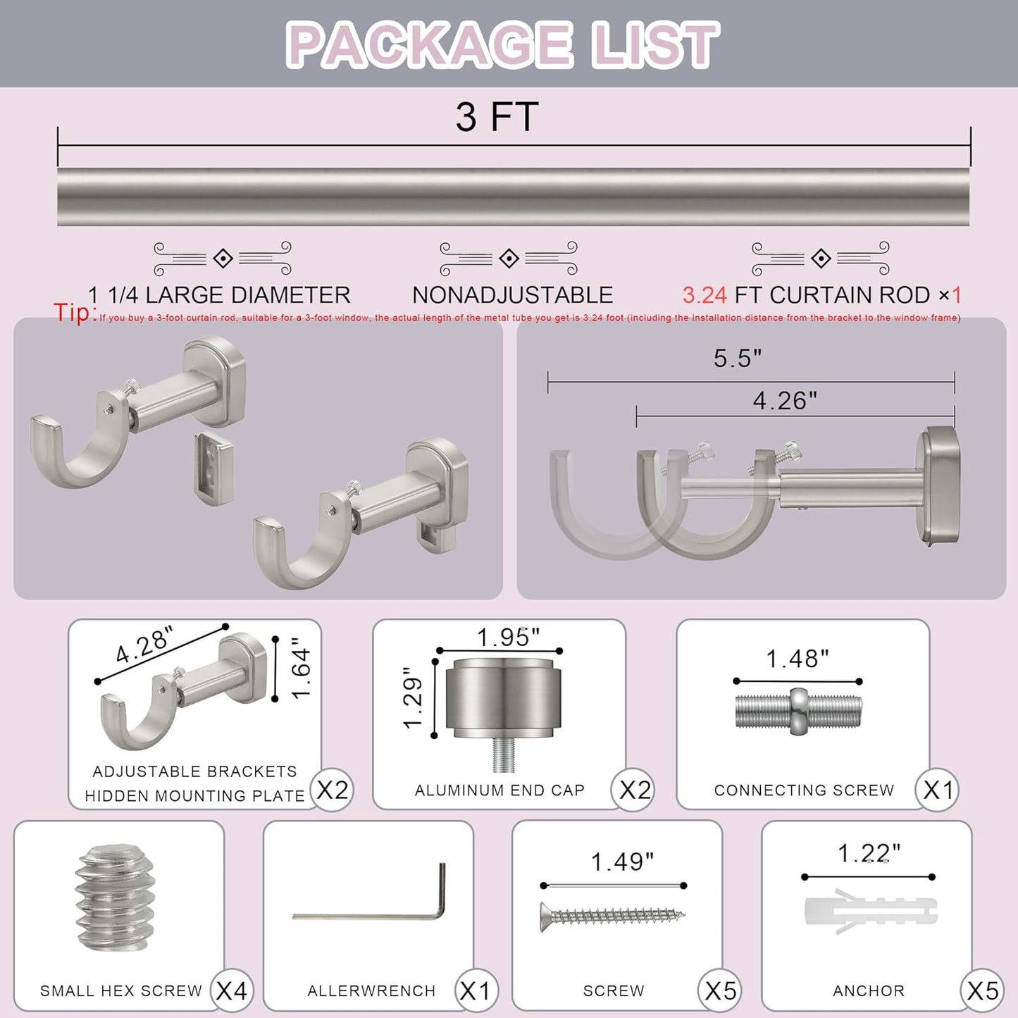 Heavy Duty Curtain Rods - 1 1/4" Large Diameter Premium Nonadjustable Curtain Rod - 36in/3ft Custom Window Treatment Rods with Durable Aluminum Brackets and End Caps,Brushed Nickel Finish