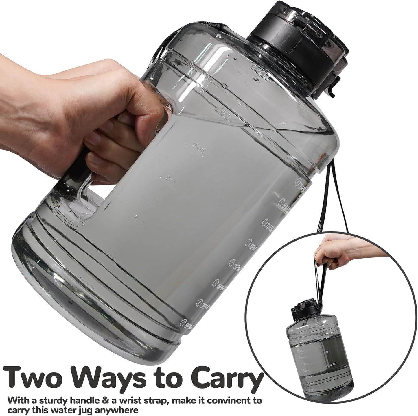 1 Gallon Water Bottle, Water Jug with Motivational Time Marker & Strap & Handle,Large-Capacity leakproof water bottles for Travel Sport Gym Outdoor（Clear