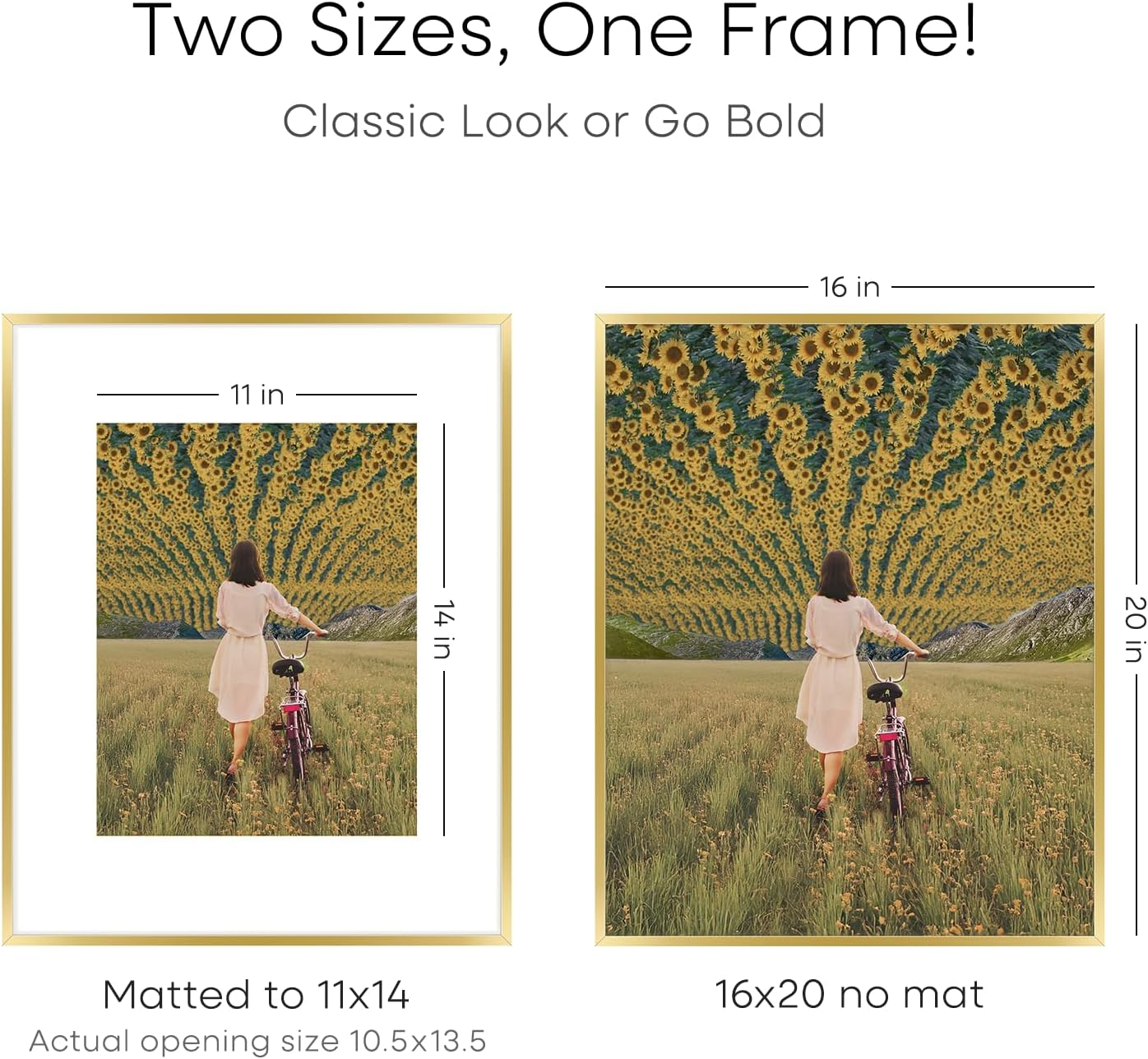 Homeforia 16 x 24 Picture Frame Gold, High End Metal 16x24 Poster Frames with Mat 12x18 Photo, 16 x 24 Gold Frame Matted to 12 by 18 Print, 24x16 Thin Hanging Frame, Tempered Glass, Wall Kit, Set of 3